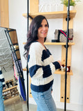 Stripe V Neck Cable Sweater - Navy
