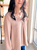 Long Sleeve V-Neck Blouse in Toast