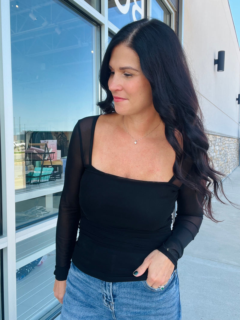 Ruched Square Neck Top -  Black