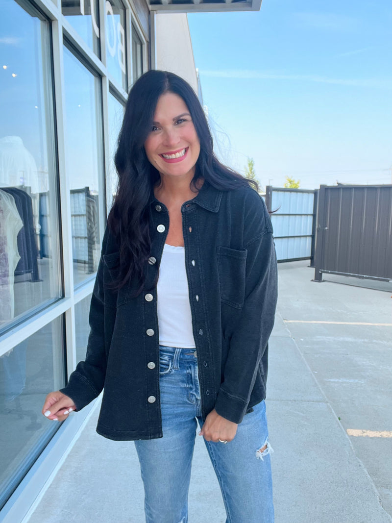 Cotton Fleece Oversized Denim-ish Shacket - Charcoal