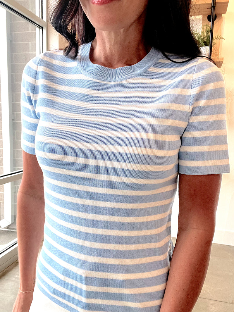 Striped Crewneck Short Sleeve Sweater in Sky