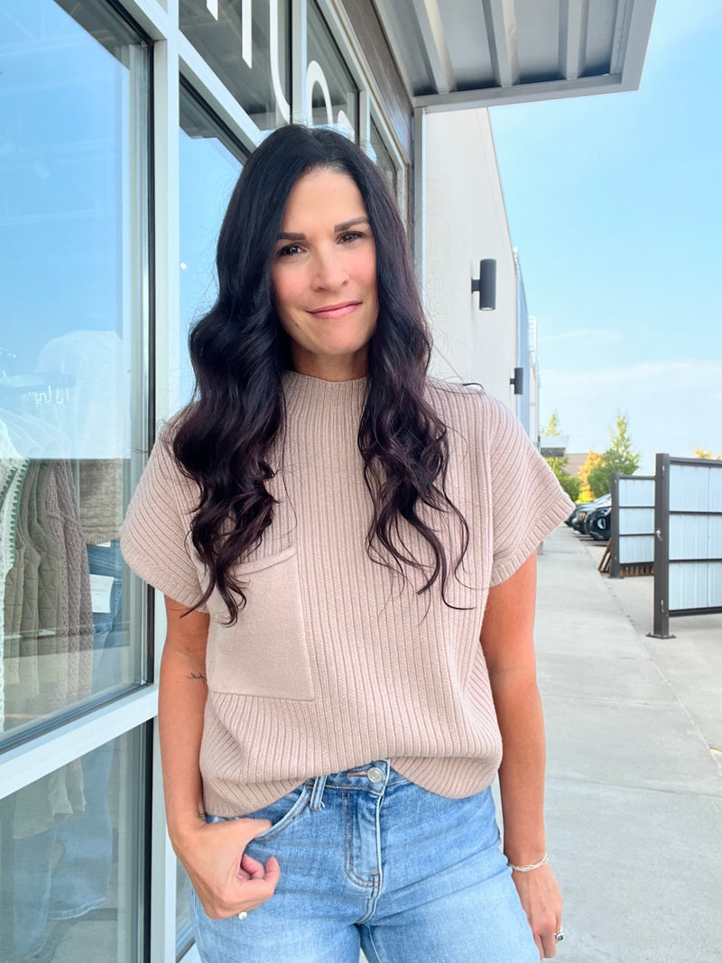 Mock Neck Pocket Detail Short Sleeve Sweater - Light Taupe