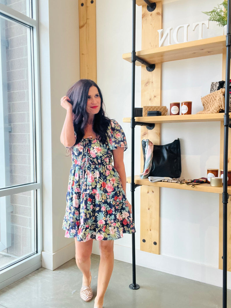 Floral Front Tie Tiered Mini Dress in Navy