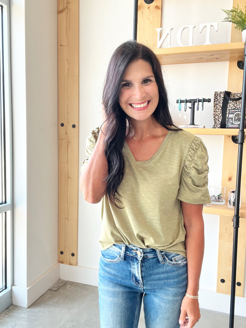 Slub Knit Puff Sleeve Top in Light Olive