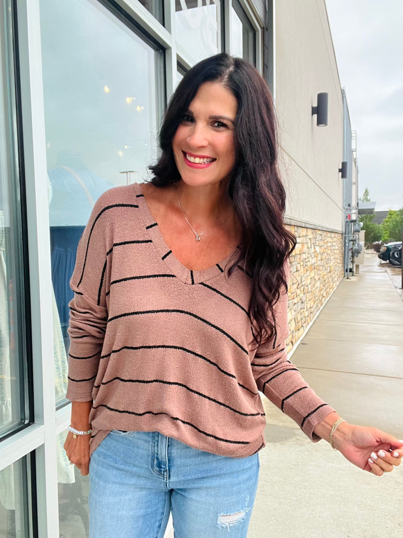 Stripe Long Sleeve Knit Top - Mocha