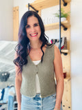 V Neck Front Button Crochet Vest - Olive