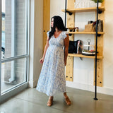 Floral V Neck Smocked Midi Dress - Blue Floral