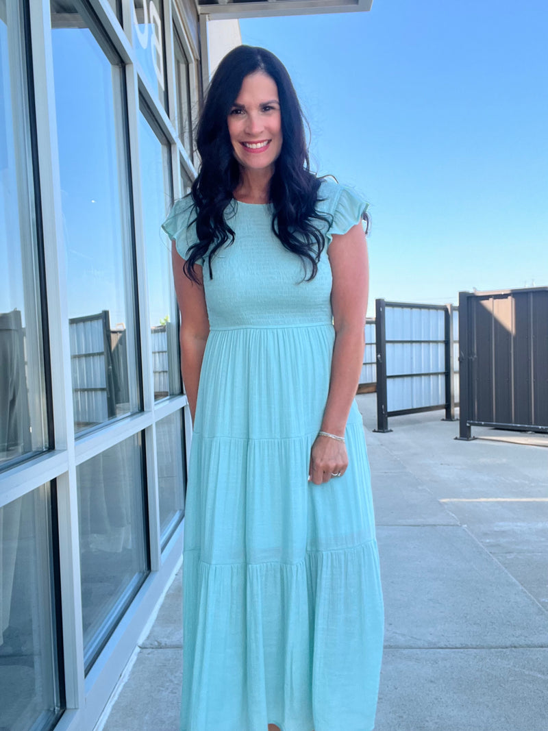 Smocked Tiered Midi Dress - Light Sage
