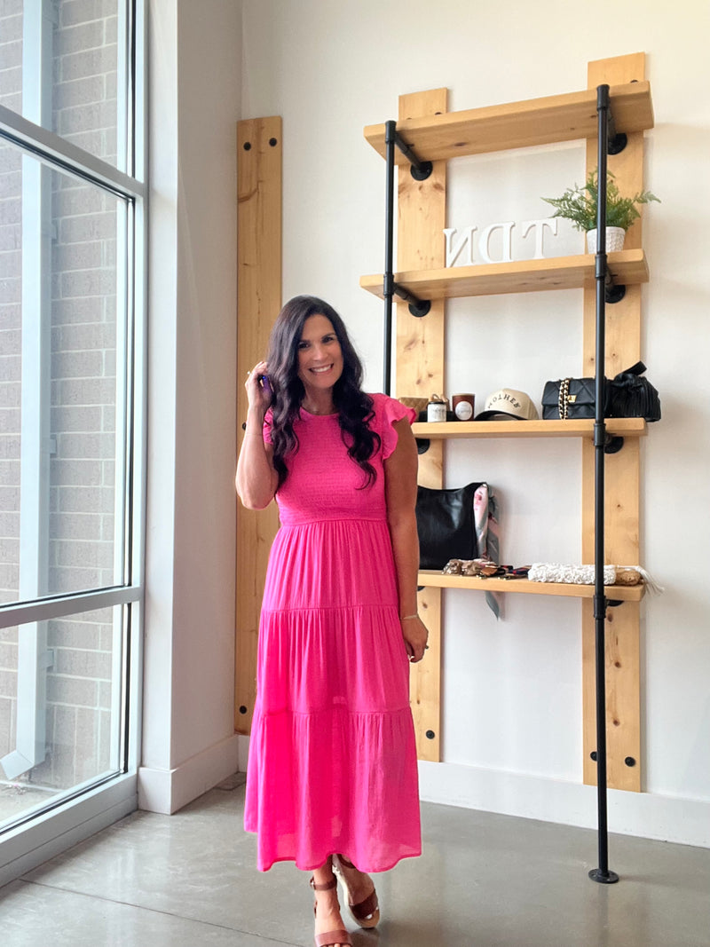 Smocked Tiered Midi Dress - Pink