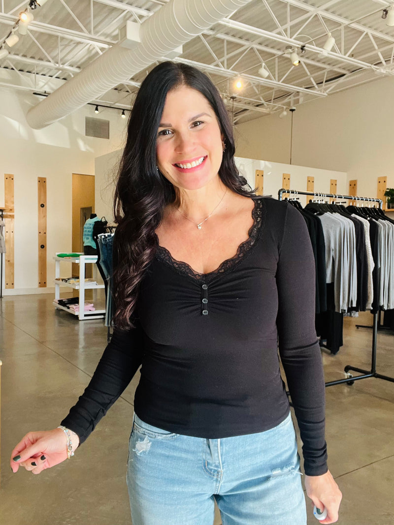 Lace Trim Button Detail Long Sleeve - Black