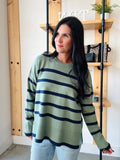 Striped Crew Neck Sweater in Light Olive