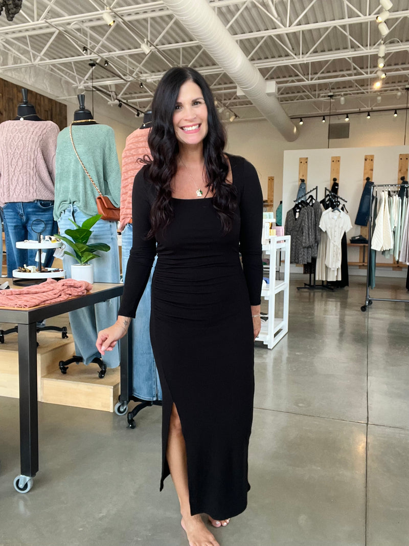 Ribbed Side Ruched Slit Midi Dress