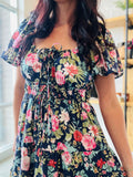 Floral Front Tie Tiered Mini Dress in Navy