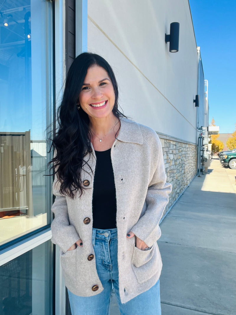 Collared Button Down Sweater - Taupe