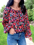 Pleated Flower Print Blouse
