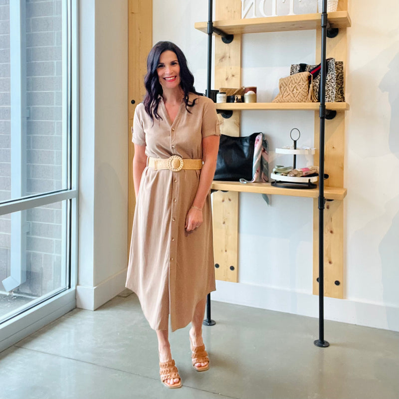Collared Button Down Midi Dress - Tan
