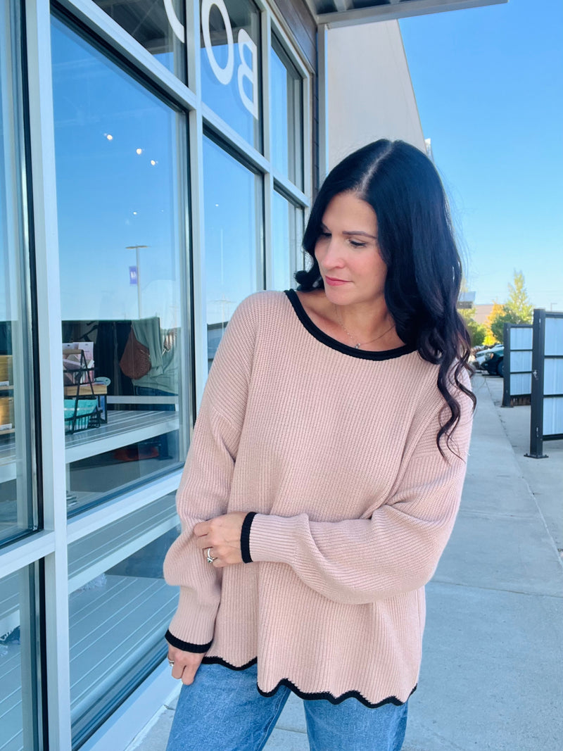 Contrast Scallop Trim Sweater - Khaki