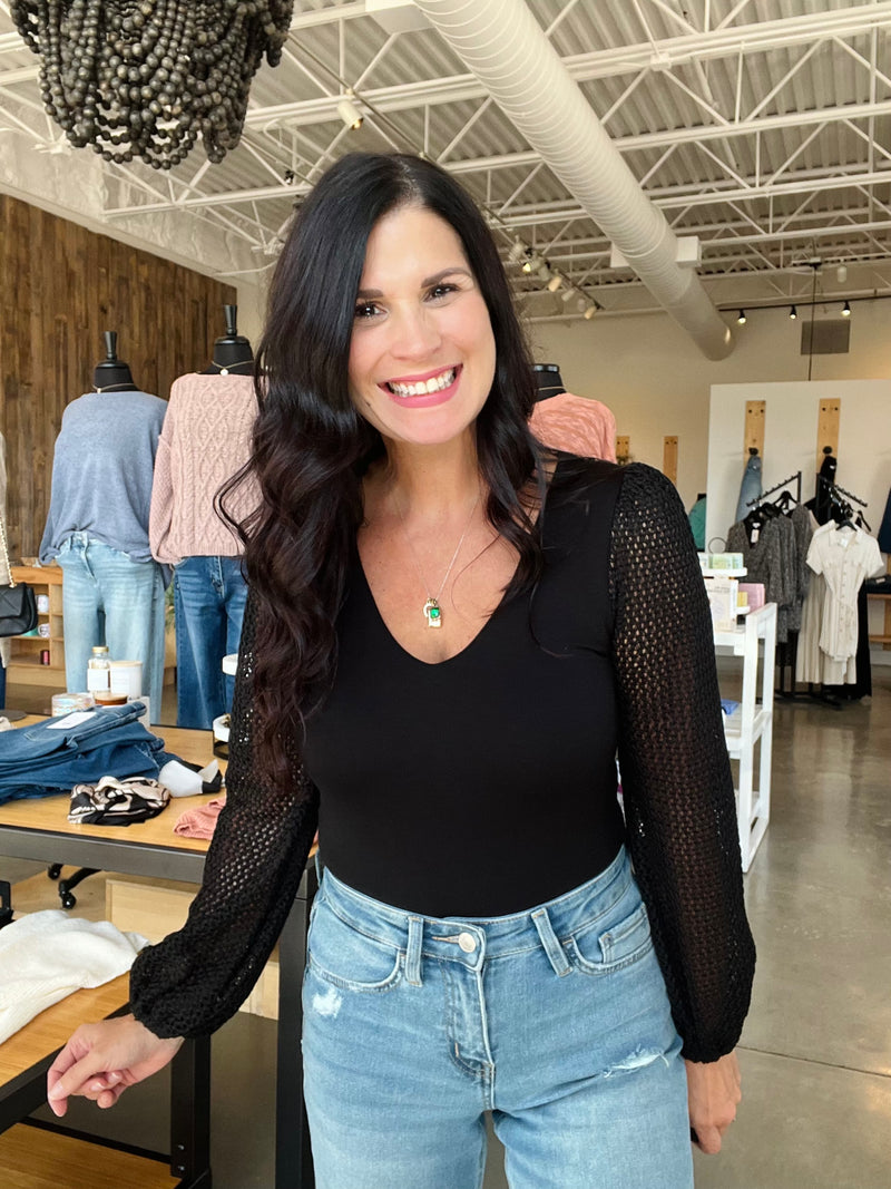 Body Suit with Lace Sleeves - Black