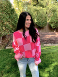 Check Print Sweater in Pink + Fuschia