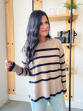 Striped Crew Neck Sweater in Light Mocha