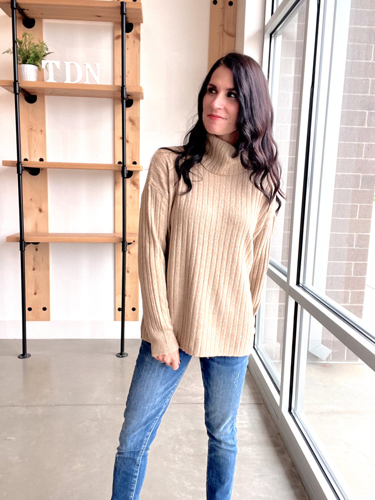 Wide Ribbed Turtleneck Sweater in Taupe