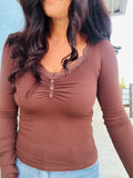 Lace Trim Button Detail Long Sleeve - Brown