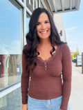 Lace Trim Button Detail Long Sleeve - Brown