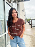 Stripe Button Down Short Sleeve Cardi - Chocolate