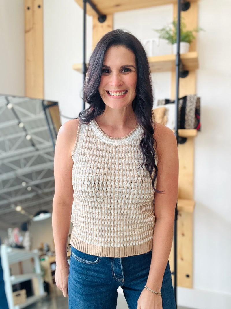 Textured Knit Sleeveless Sweater Tank - Khaki