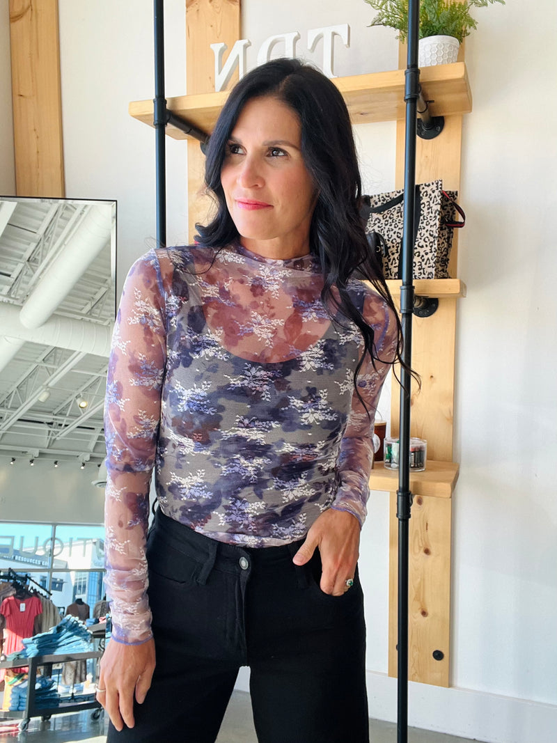 Sheer Mesh Lace Top in Purple Floral