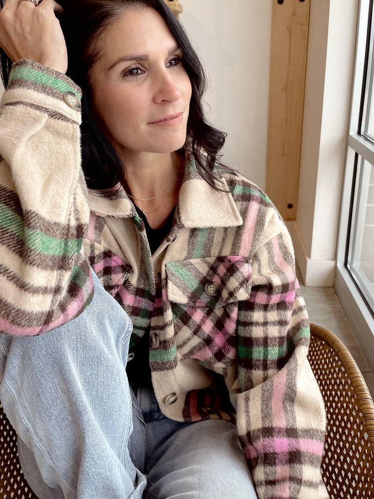 Pink + Green Plaid Cropped Shacket
