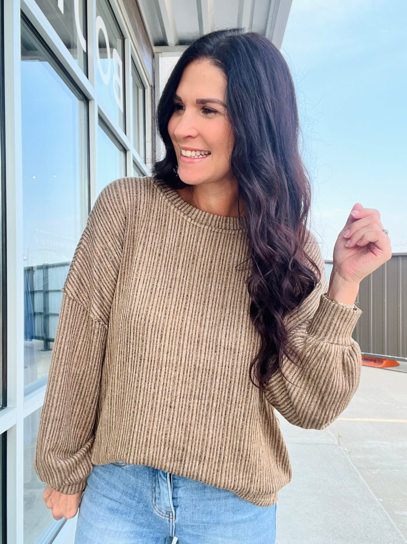 Marled Long Sleeve Ribbed Top - Brown