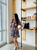 Floral Front Tie Tiered Mini Dress in Navy