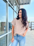 Mock Neck Pocket Detail Short Sleeve Sweater - Light Taupe