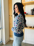 Flower Print Sweater in Denim Blue