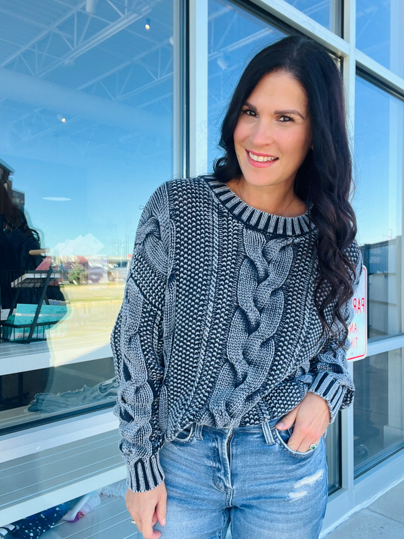 Washed Cable Sweater - Navy