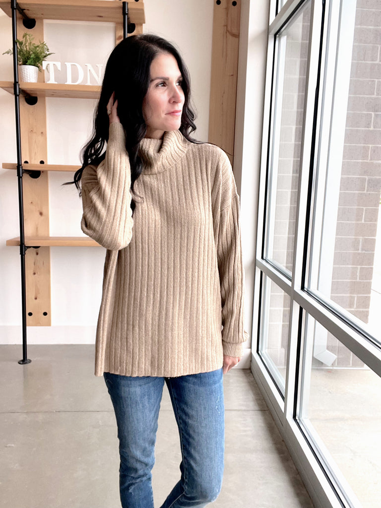 Wide Ribbed Turtleneck Sweater in Taupe