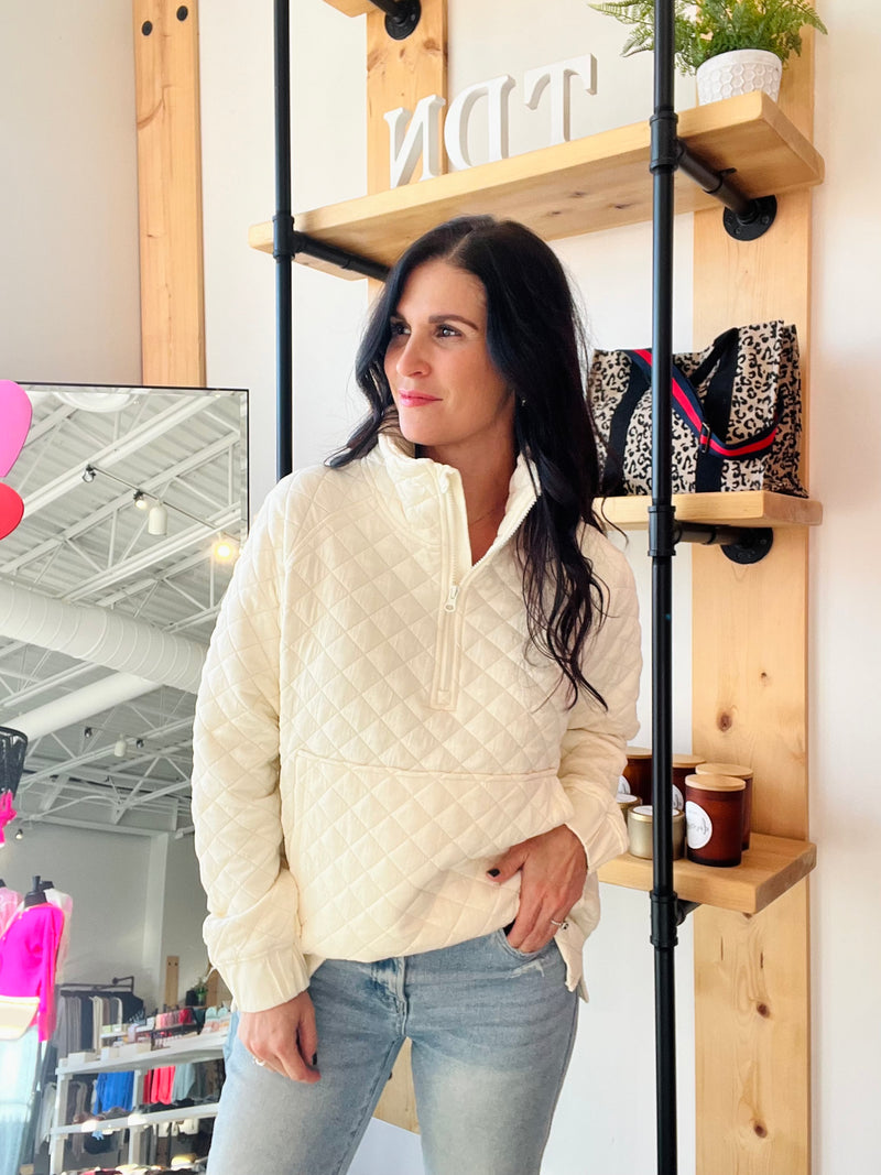 Quilted Half Zip Pullover - Ivory