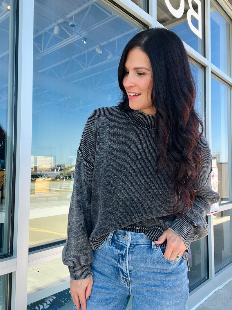 Washed Mock Neck Sweater - Charcoal