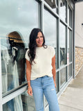 Mock Neck Short Sleeve Pocket Knit Top - Ivory