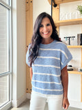 Stripe Lightweight Short Sleeve Sweater in Denim + Ivory