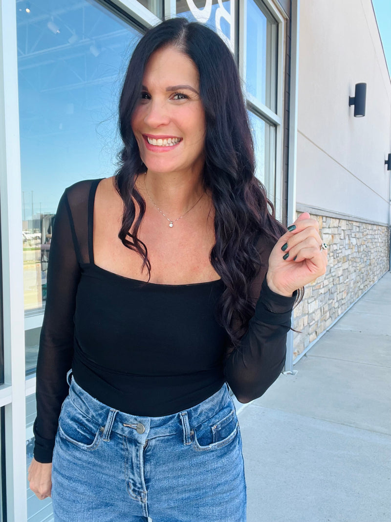 Ruched Square Neck Top -  Black