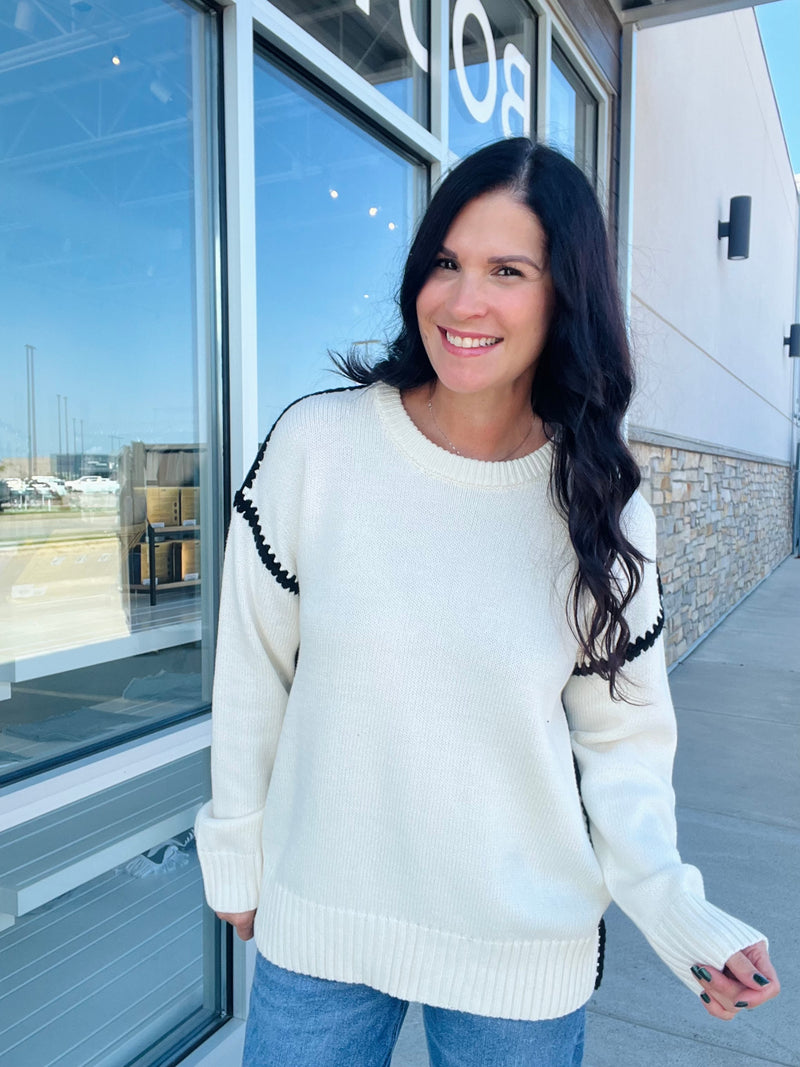 Contrast Stitch Crew Neck Sweater - Cream