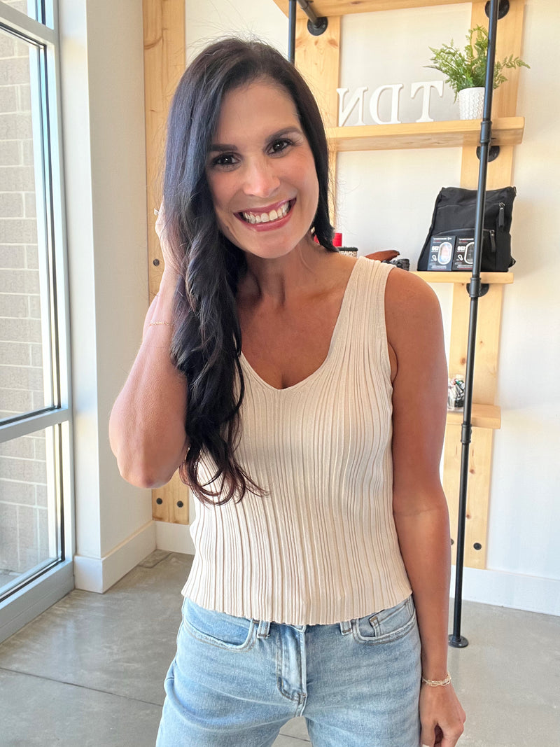 V Neck Sweater Knit Top in Oatmeal