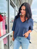 Drop Shoulder Half Sleeve Sweater - Teal