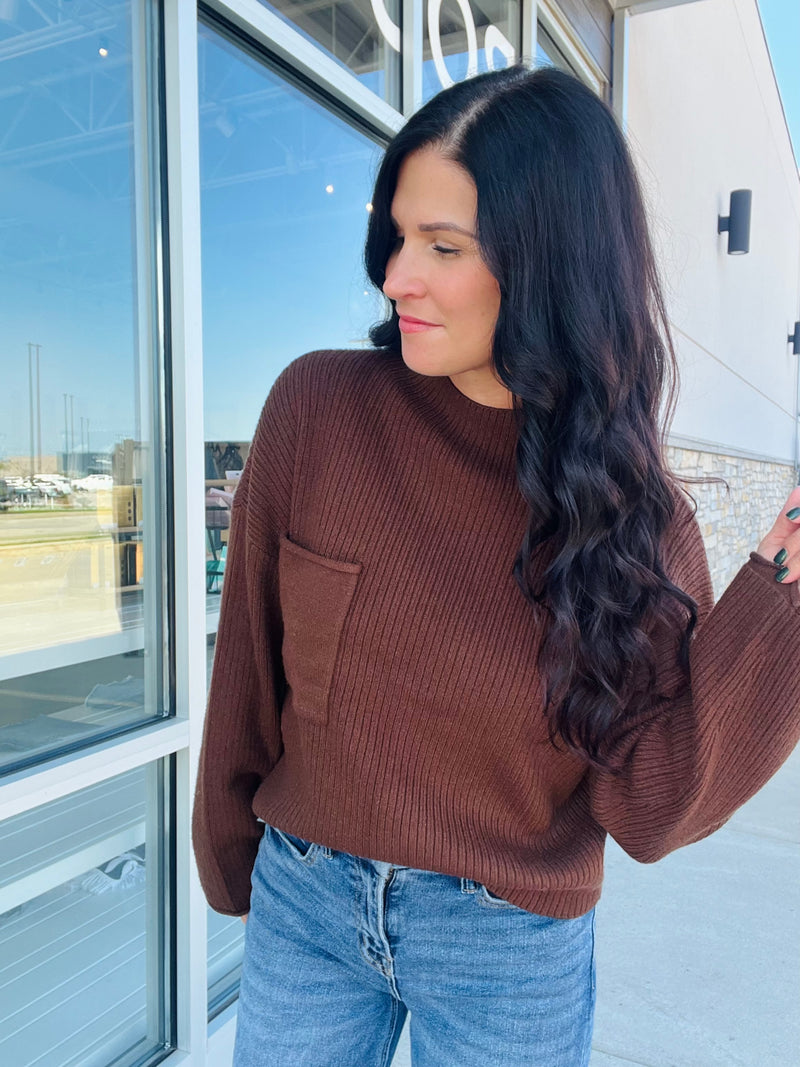 Mock Neck Pocket Detail Sweater - Chocolate Brown