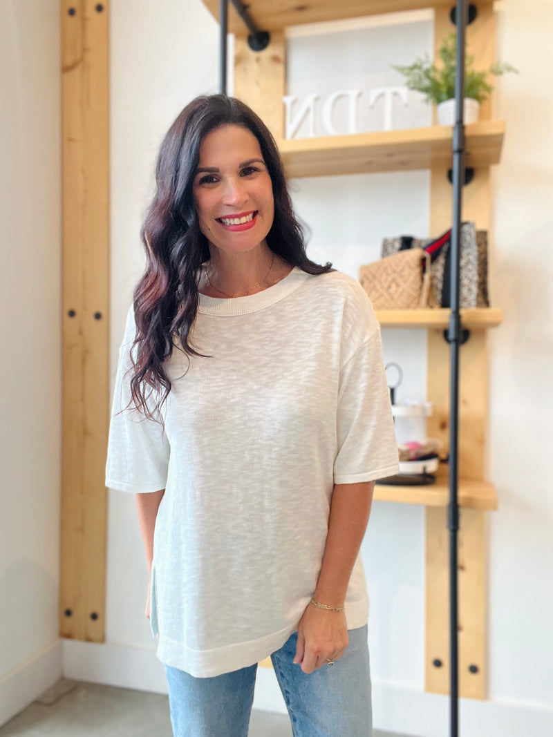 Short Sleeve Slub Sweater Top - Off White