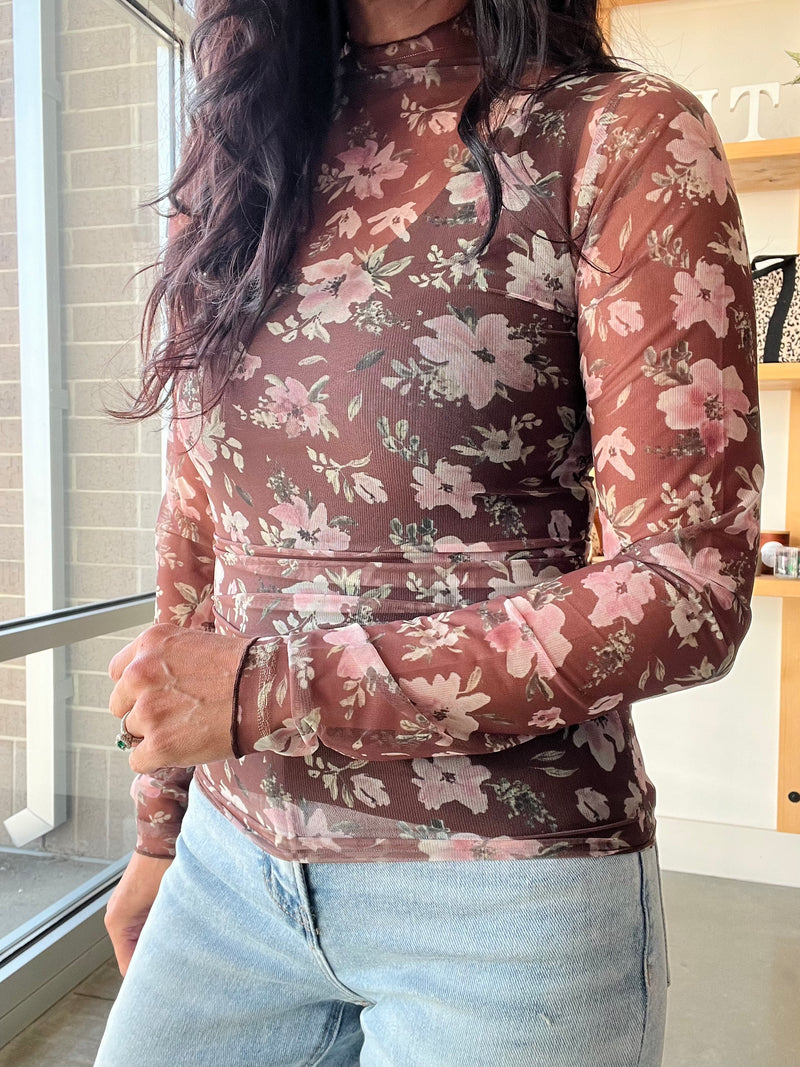 Sheer Mesh Lace Top in Brown Floral