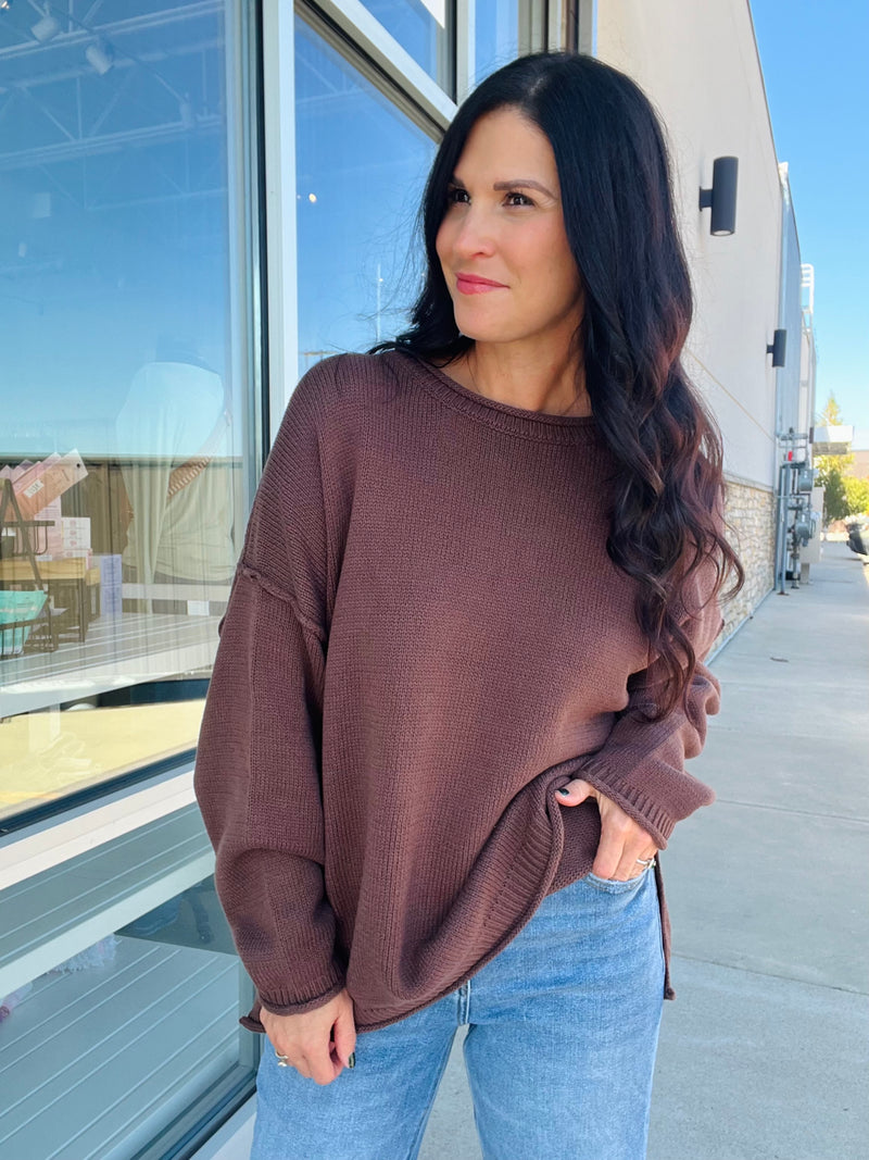 Raw Edge Oversized Sweater - Brown