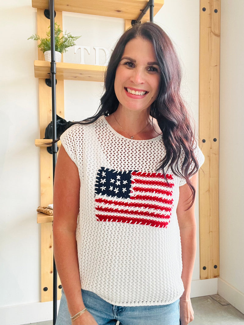 American Flag Crochet Sweater Top in Ivory